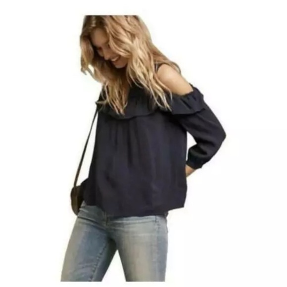 Maeve Anthropologie Size 12 LARGE black Cold Shoulder Blouse Long Sleeve Ruffle - Picture 1 of 9